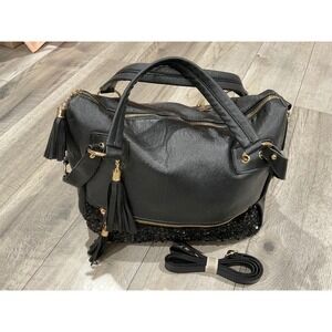 Coofit Black Sequin Vegan Leather Satchel Crossbody Bag Tassel Gold Hardware